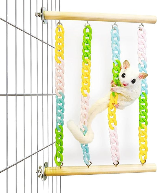 Sugar Glider Climbing Toys, Natural Wood with Sturdy Colorful Chains Hanging Toys Sugar Glider Cage Accessories, Wobble-Free Rat Enrichment Toys for Small Animals and Parrots (1pc)