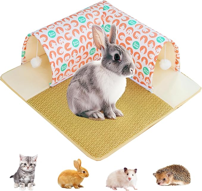 Rabbit Tunnel with Cooling Mat - Detachable Washable Pet Bed for Rabbits, Guinea Pigs, Chinchillas - Ventilated Floor Play Mat for Cats, Small Animals & More