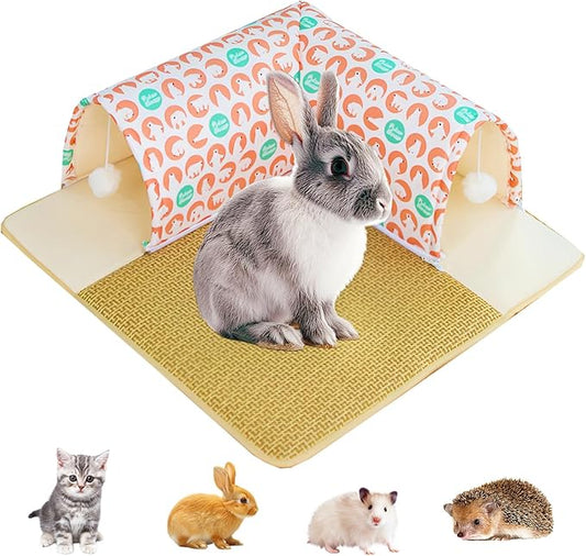 Rabbit Tunnel with Cooling Mat - Detachable Washable Pet Bed for Rabbits, Guinea Pigs, Chinchillas - Ventilated Floor Play Mat for Cats, Small Animals & More