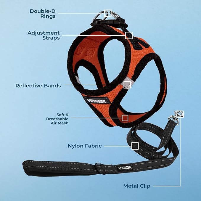 Voyager Step-in Air All Weather Mesh Harness and Reflective Dog 5 ft Leash Combo with Neoprene Handle, for Small, Medium and Large Breed Puppies by Best Pet Supplies - Orange/Black Trim, X-Small