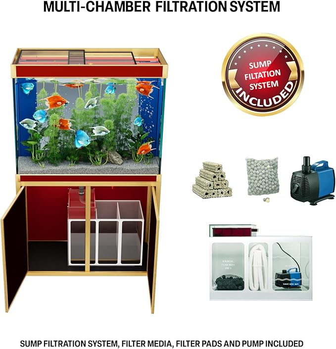100 Gallon Aquarium Fish Tank with Upright Fishtank Stand Water Pump Freshwater Filter LED Bundle and Straight Corners Clear Glass - Red with Gold Trims