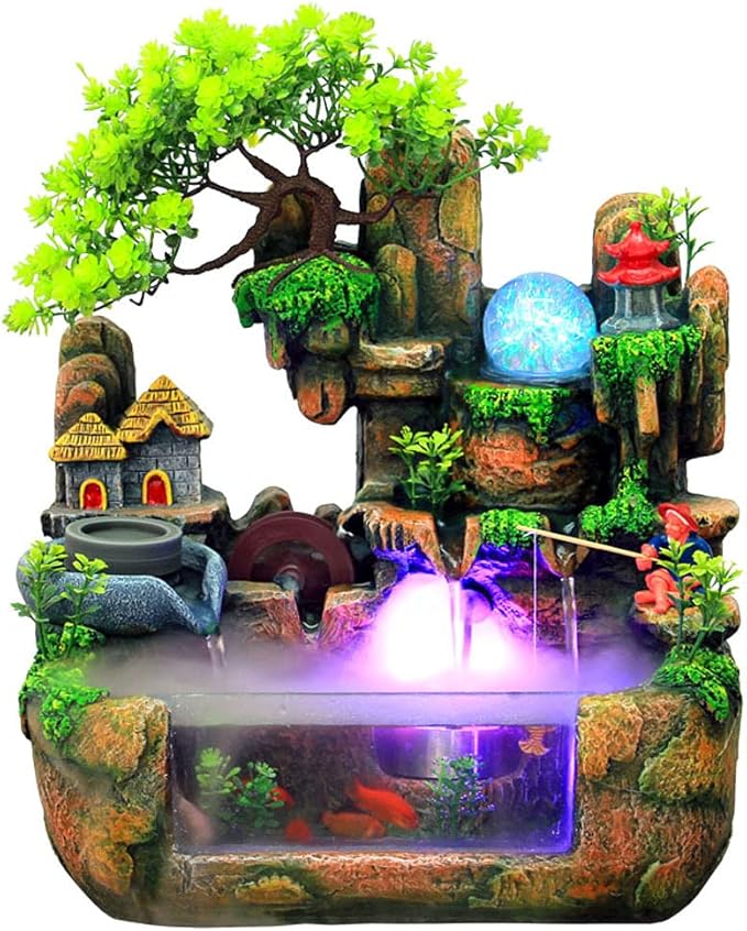 Tabletop Waterfall Fountain with Rockery, Mini Silent Indoor Ornament Desk Water Fountain Desktop Simulation Resin with Atomizer LED Small Fish Tank for Office Bedroom Home Decor Fisherman