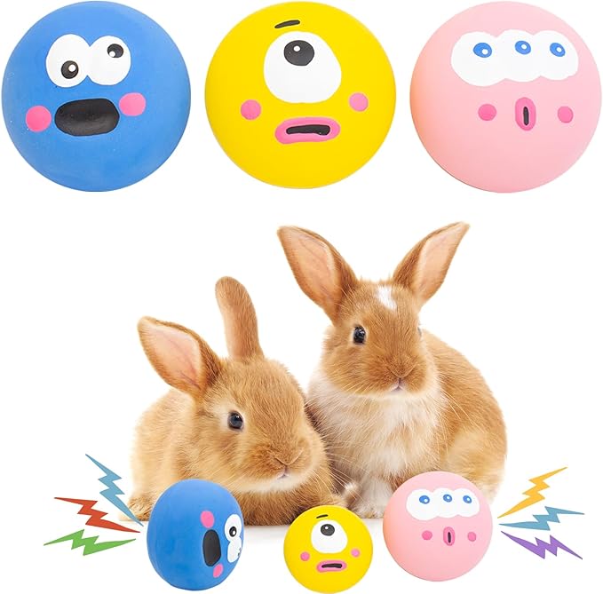 FlidRunest 3PCS Natural Rubber Squeaker Toys for Rabbit, High Elasticity Bunny Latex Squeak Balls, Teething Toys Big Eyes Printed Toy Ball for Bunny, Rabbit Easy to Clean