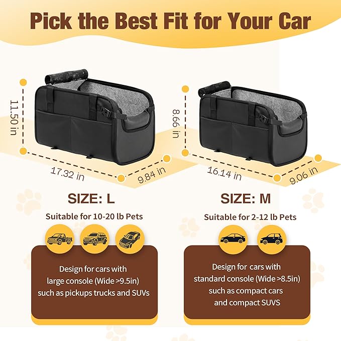 YUDODO Large Dog Car Seat for Center Console (Width＞9.5in) Fits 10-20lbs, Anti-Slip Puppy Cat Travel Portable Booster Seat, Luxury Pet Car Bed Carseat PU Leather Black