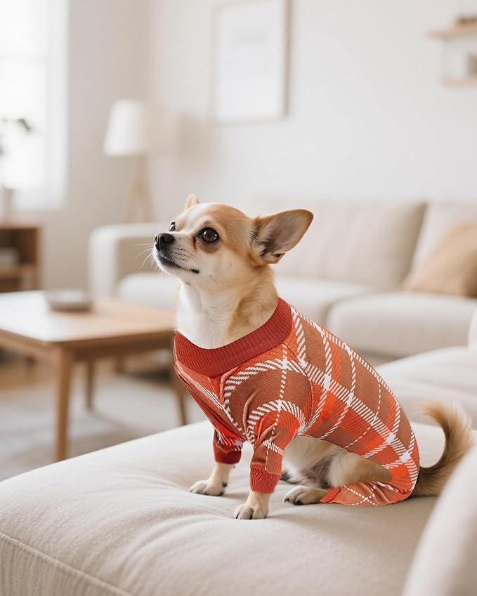 PET SHOW 4 Pack Small Dog Pajamas Holiday Dog Clothes Doggies Soft Stretchy PJs Plaid Jumpsuit Puppy Cats Girl Boy Fall Onesies Christmas Outfits with Sleeve Pets Dachshund Costume(XS, Plaid)