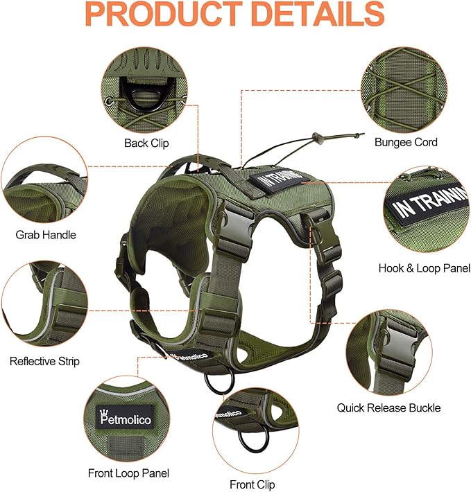 Petmolico Tactical Dog Harness with Leash, No Pull Dog Harness with Hook and Loop Panels for Hiking Training Military Service Dog Harness with Patches for Medium Dogs, Army Green M