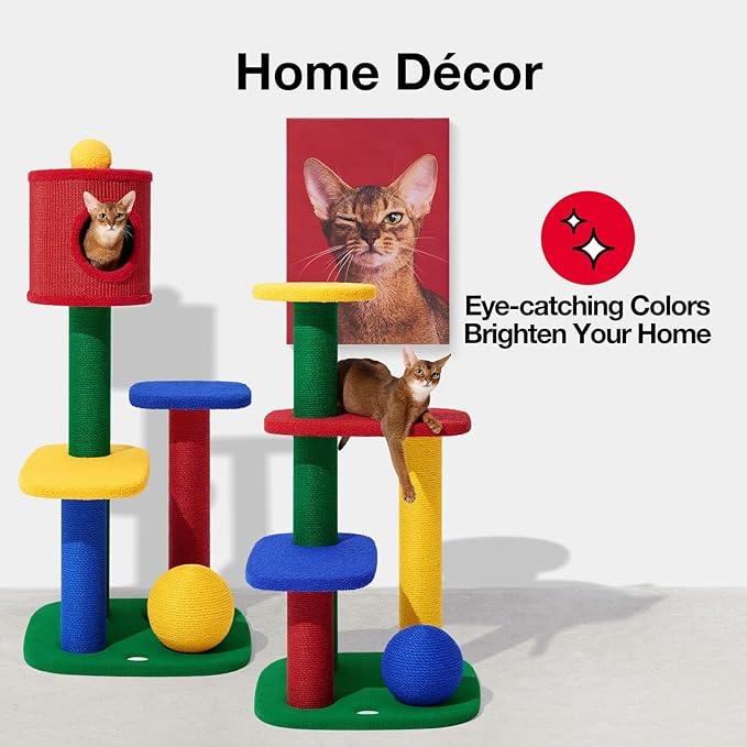 VETRESKA 48.4" Cat Tower, Multi-Level Cat Tree with Semi-Enclosed Sisal Cave, Sisal Scratching Posts and Cat Rest Platform, Indoor Cats Furniture Activity Center for Large Cats Kittens
