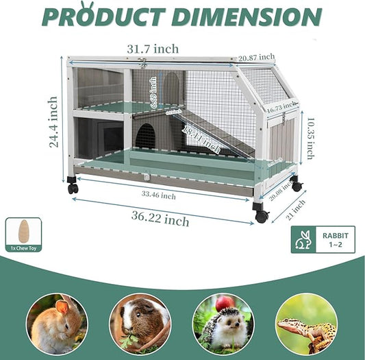 Indoor Rabbit Hutch - 36''L Outdoor Wooden Bunny Hutch with Wheels Rabbit Cage Guinea Pig Cages Removable Pull Out Tray, Ramp, Hideout, Small Animals Pet House Hamster Ferret for Bunny Cage