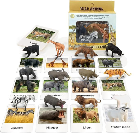 RUSON 12 Safari Animals Figures Toys with 12 Flash Cards, Realistic Mini Jungle Animal Figurines Cake Topper Party Supplies Montessori Animal Matching Game for Toddler Kids