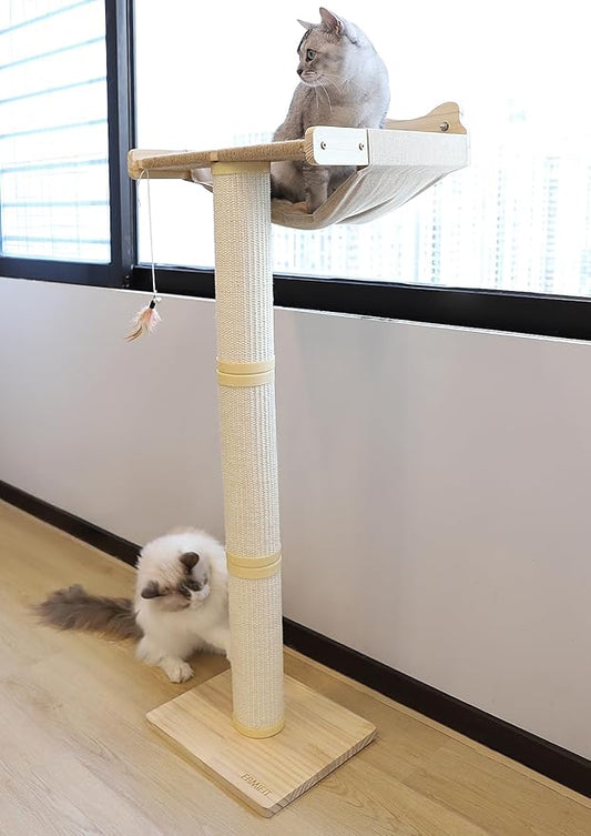 Upgraded Cat Window Perch with Scratching Post, 47.3" Adjustable Cat Tall Scratching Posts & Suction Cup – Multi-Level Perch for Climbing, Bird Watching, and Play, Supports 50 lbs (Drilling-Free)