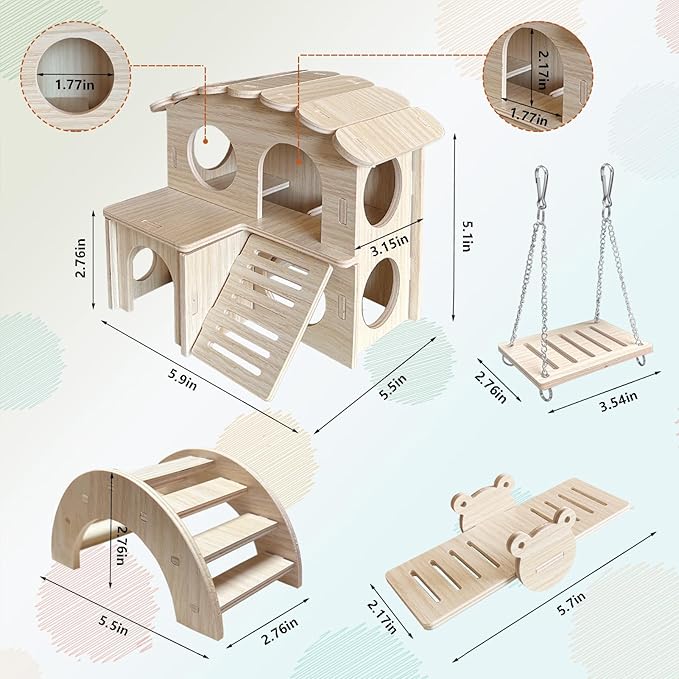 LOS ANDES Hamster Maze Double-Decker Wood House, Hamster Seesaw Toy, Bridge and Swing for Dwarf Gerbil Mouse Mice Rat Small Animals(Only for Small Hamster)