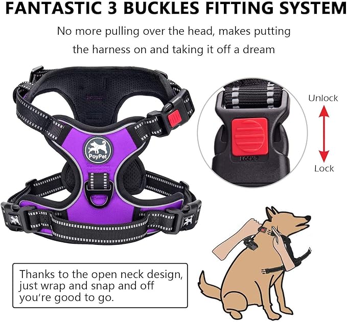 PoyPet Dog Harness and Leash Combo, Escape Proof No Pull Vest Harness, with 5 Feet Leash, Reflective Adjustable Soft Padded Pet Harness with Handle for Small to Large Dogs(Purple,M)