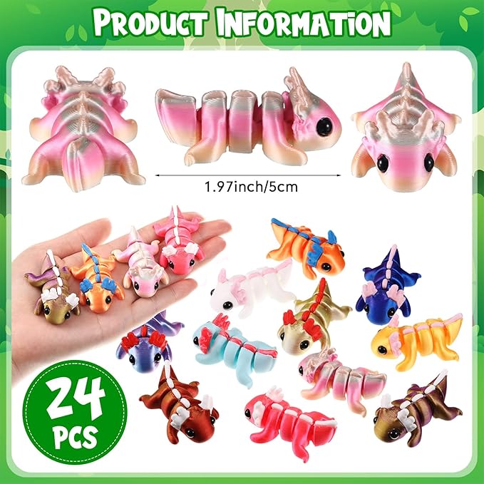 Honoson 24 Pcs 3D Printed Axolotl Fidget Toy 3D Printed Small Animal Toy Flexible Cute Articulating Pet Stress Relief Fidget Toys for Play and Display
