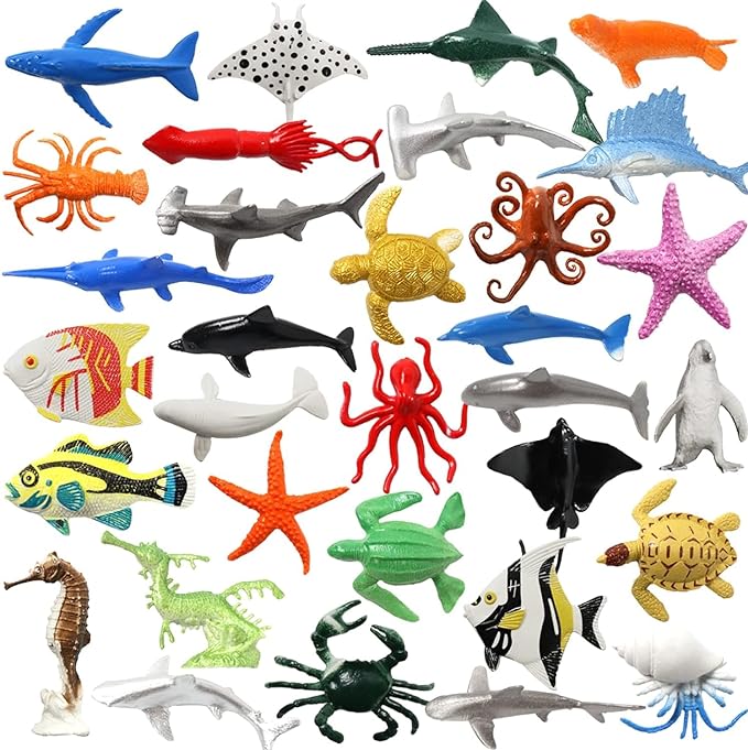 32 Pack Assorted Mini Vinyl Plastic Ocean Sea Animal Figures Toy Set, Realistic Under The Sea Life Figure Bath Gift for Child Educational Kids Party Cake Cupcake Topper