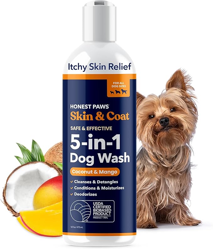 Honest Paws Dog Shampoo and Conditioner - Premium Dog Wash for Allergies and Dry, Itchy, Moisturizing for Sensitive Skin - Sulfate Free, Plant Based, All Natural - Coconut & Mango -16 Fl Oz