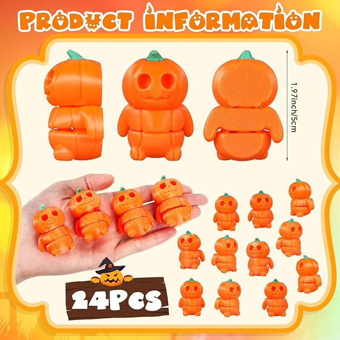 Honoson 24 Pcs 3D Printed Fidget Toy 3D Printed Pumpkin Styled Man Small Animal Toy Flexible Halloween Christmas Decoration for Play and Display
