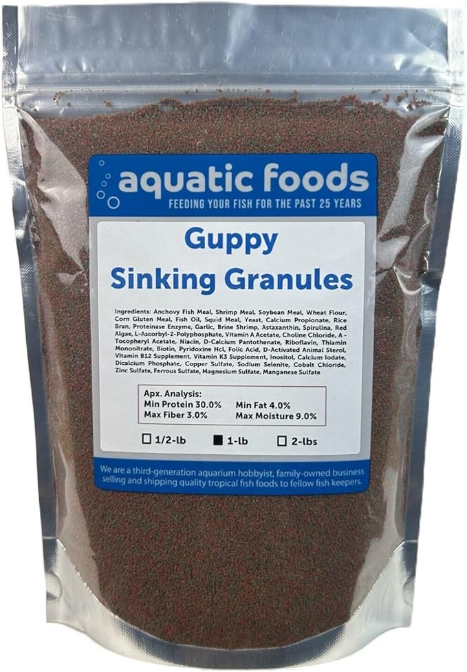 Aquatic Foods Inc. Guppy Micro Sinking Granules, Color Enhancing and Spirulina Mix for Guppies, Tetras, All Baby Cichlids...WL…1-lb Foil Pouch Bag