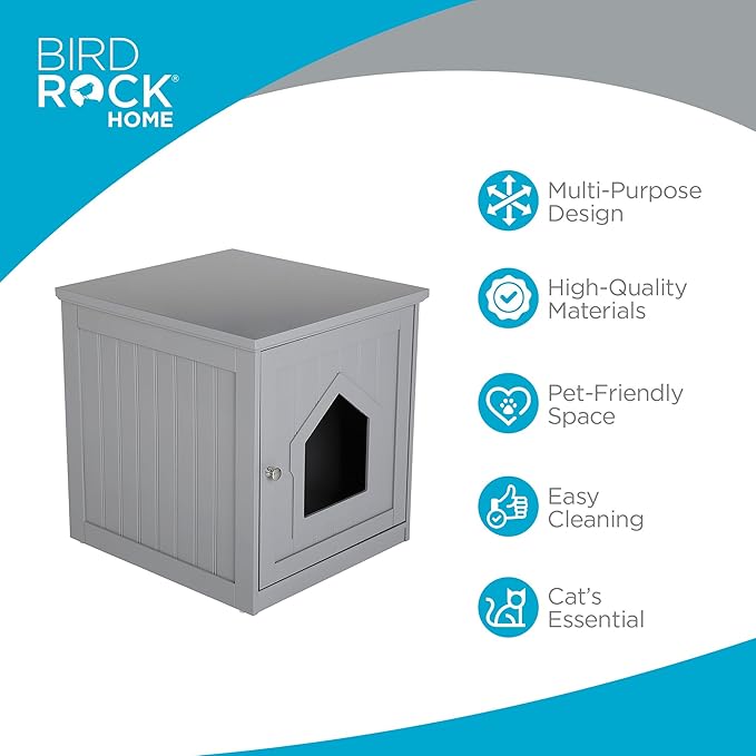 BIRDROCK HOME Decorative Cat House & Side Table | Grey Nightstand | Indoor Pet Crate | Litter Box Enclosure | Hooded Hidden Pet Box | Cats Furniture Cabinet | Kitty Washroom