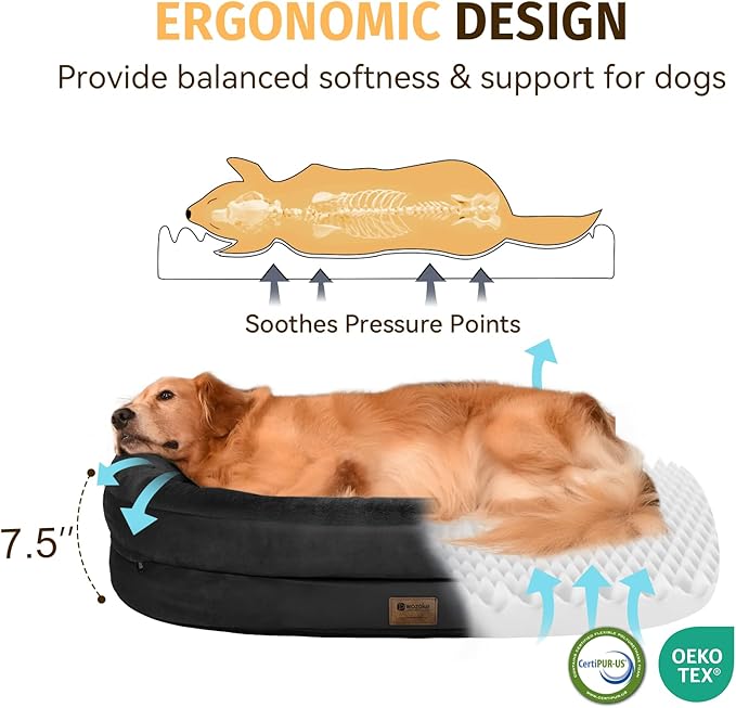 Orthopedic Washable Large Dog Bed: Memory Foam Waterproof Pet Bed with Bolsters - Removable Washable Cover for L XL XXL Large Sized Dog Bed - Non-Slip Bottom - Black