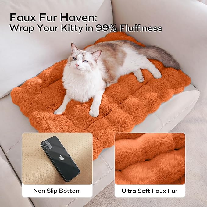 Cat Beds for Indoor Cats Faux Fur Pet Mat Cute Kitten Plush Bed with Non-Slip Bottom for Carriers/Couch Dog & Puppy Friendly 27 x 20 Inch Orange