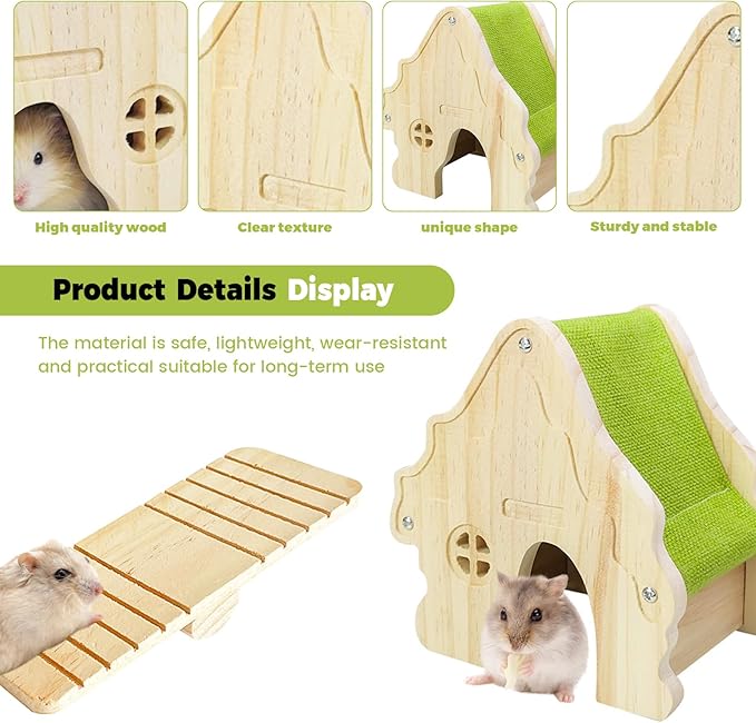 Wooden Hamster Platform and Dwarf Hamster House, Cute Syrian Tiny House Hideout, Small Animal Pet DIY Accessories for Rats, Gerbils & Small Pets (Detachable)