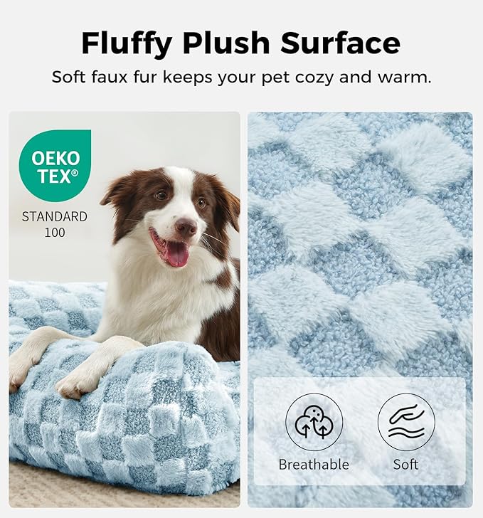 MADE 4 PETS Dog Couch Bed, Soft Faux Fur Checkered Indoor Pet Sofa, Comfortable Fluffy Dog Sofa with Supportive Foam, Removable Washable Cover with Non-Slip Base, Blue, Large