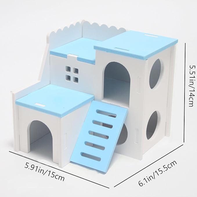 Blue Wooden Hamster Maze & Double-Decker Hut with Fun Slide - for Dwarf Hamsters, Mice, Gerbils, All Small Pets