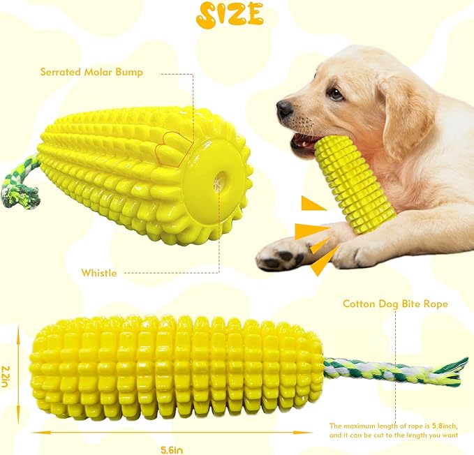 Dog Chew Toys Corn Shape for Aggressive Chewers, Tough Rubber Squeaky Dog Toys, Durable Interactive Puppy Teething Toys Suitable for Small, Medium and Large Dogs
