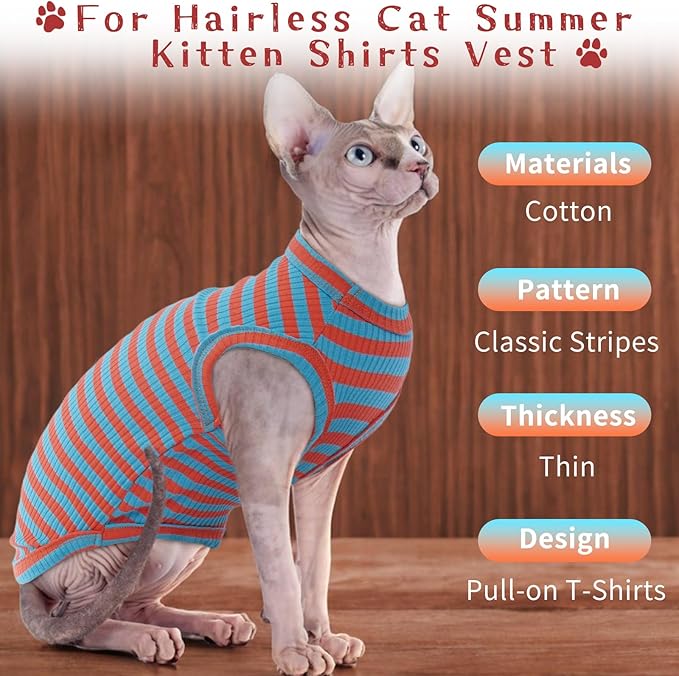 BRKURLEG Hairless Cats T Shirt, Cat Sweaters, Pullover Kitten Shirts, Sleeveless Round Collar Cotton Vest for Cornish Rex Devon Rex Peterbald and Small Dogs Sweater(OrangeBlue Stripes, L)