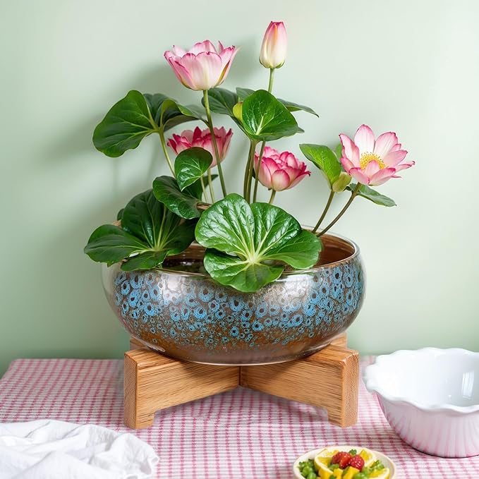 Baderke 2 Pcs Lotus Bowl Planter with Base Ceramic Hydroponic Planter Water Lily Bowl for Planting Aquatic and Indoor Plants Household Ceramic Basin Decor(Blue)