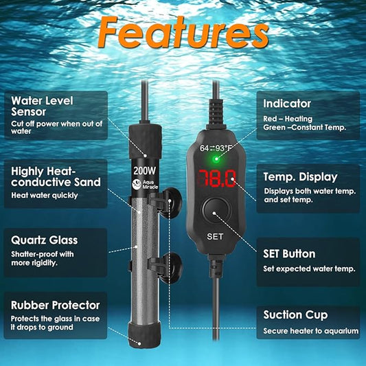 AquaMiralce 200W Aquarium Heater with Compact Size, Submersible Fish Tank Heater with LED Digital Display Thermostat, Adjustable Fish Heater Turtle Heater for 30-40 Gallon Tanks