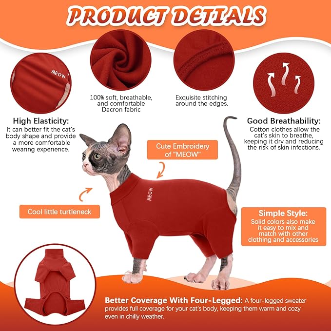 ROZKITCH Hairless Cat Clothes, Breathable Soft Cat Jumpers for Cats Only, Cat Coat with Four Legs, Warm Cat Sweater Cat T-Shirt Cat Pajamas Jumpsuit Vest Cornish Rex Devon Rex Peterbald Red XS