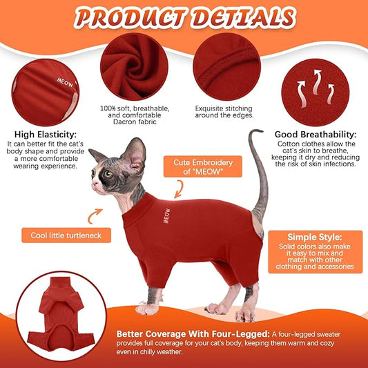 ROZKITCH Hairless Cat Clothes, Breathable Soft Cat Jumpers for Cats Only, Cat Coat with Four Legs, Warm Cat Sweater Cat T-Shirt Cat Pajamas Jumpsuit Vest Cornish Rex Devon Rex Peterbald Red L
