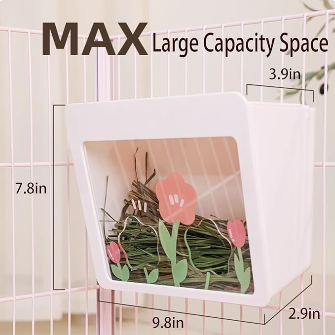 Hanging Rabbit Hay Feeder with Lid - No Waste Slow Feed Hay Rack for Rabbits, Guinea Pigs & Small Pets - Sturdy White Design, Easy to Fill & Clean, Cage Mounted Bunny Hay Holder (Iron mesh Style)