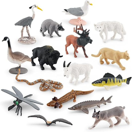 1-2 Inch North American Great Lakes Animals Set for Cake Topper Mini Biome Animals Figurines Set Plastic Water Snake Bat Goose Figurines Dragonfly Figure Toy Gift for Kid Toddlers