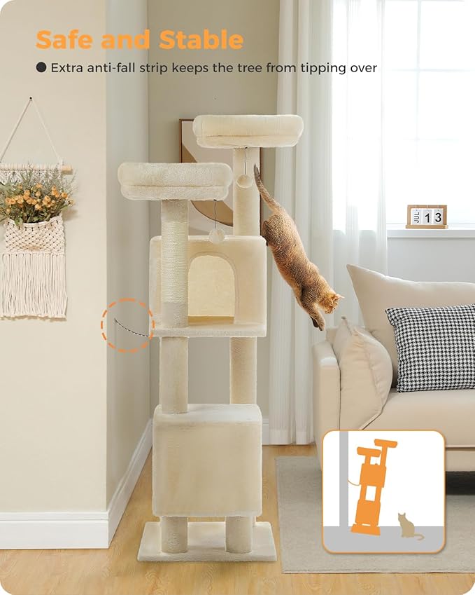 Cat Tree, 52.4" Multilevel Cat Tower for Indoor Cats, Plush Cat Tree House with 2 Padded Perches, 2 Condos & 2 Scratching Posts, Beige