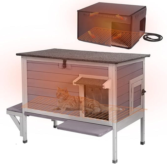 GUTINNEEN Heated Cat House with Heating Pad & 100% Insulated Liner, Weatherproof Outdoor Kitty Shelter for Winter, Warm Shelter for Outdoor Cats and Feral Cats