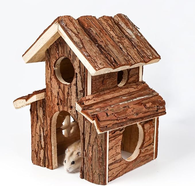 Small Animal Amusement Wooden Villa House Hideouts Playground with Ladder, Fit for Chinchilla, Guinea Pigs, Gerbil, Dwarf Mice, Hedgehog (4 Pcs)
