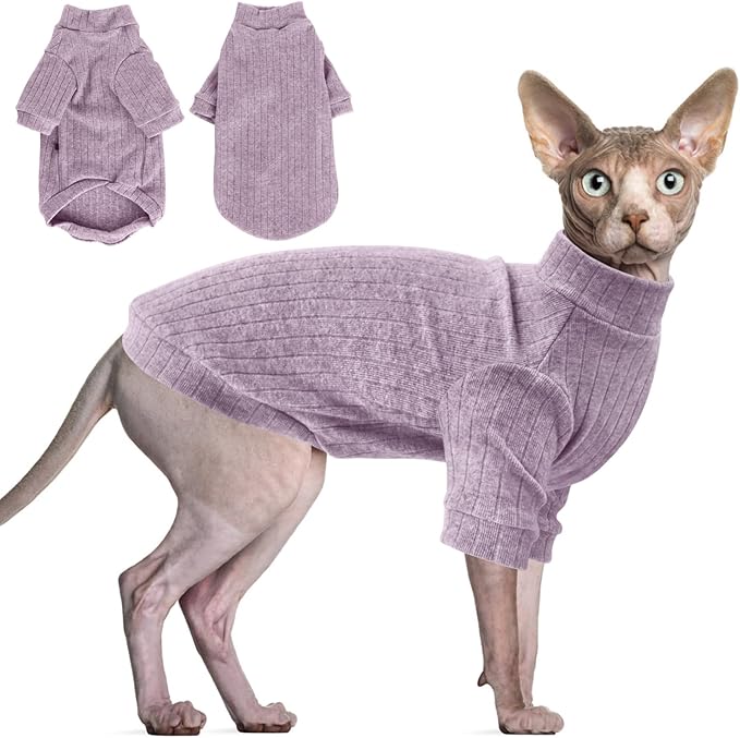 Idepet Sphynx Hairless Cats Sweater Shirt Kitten Soft Puppy Clothes Pullover Cute Cat Pajamas Jumpsuit Cotton Apparel Pet Winter Turtleneck for Cats and Teacup Chihuahua Small Dogs(Purple,L)