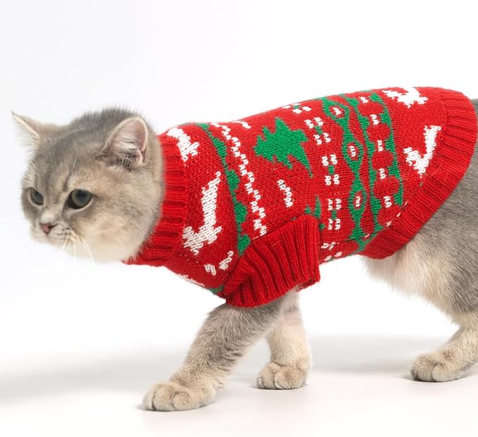 KOOLTAIL Cat Sweater Turtleneck- Soft Knit Cat Christmas Sweaters for Cats Only, Elk Christmas Tree Pattern Thick Warm Cold Weather Pet Clothes Outfit for Small Medium Large Size Kitten Puppy Red S