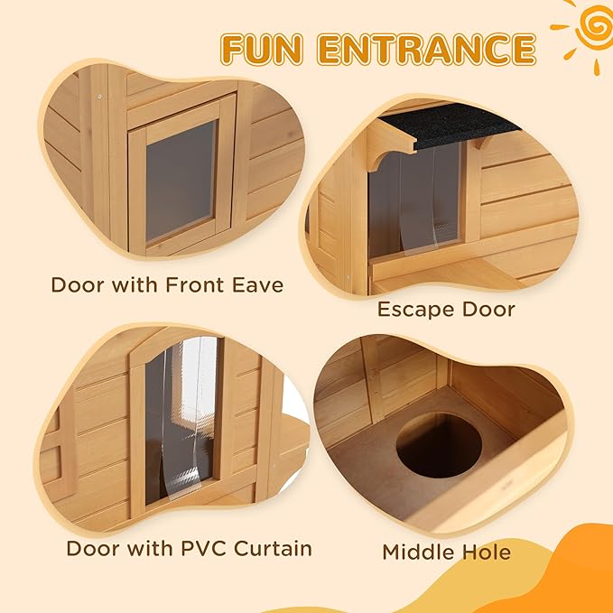PawHut 2-Story Cat House Outdoor, Weatherproof Wooden Cat Enclosure for Feral Cats with Escape Door, Openable Roof, Jumping Platforms, Natural