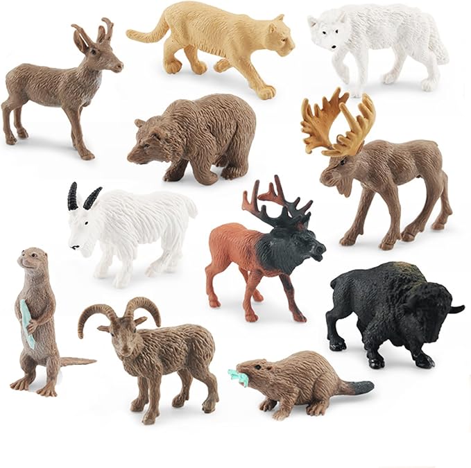 1-2 Inch North American Animals Set Mini Wild Animals Figurines Set Plastic Wolf Figure Moose Figure Toy Gift for Kid Toddlers Raccoon for Cake Topper