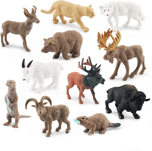 1-2 Inch North American Animals Set Mini Wild Animals Figurines Set Plastic Wolf Figure Moose Figure Toy Gift for Kid Toddlers Raccoon for Cake Topper