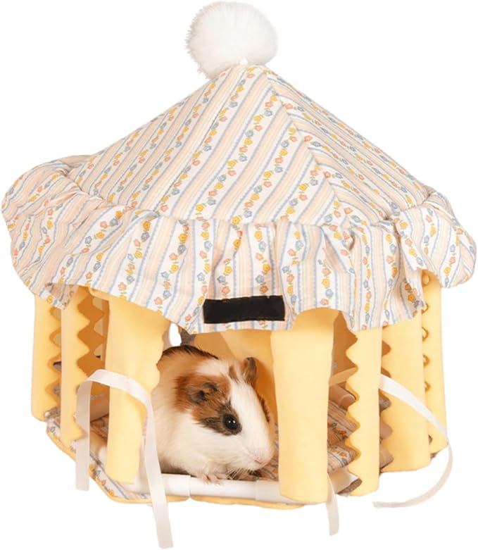 Guinea Pig Hideout Large with Curtain, Bunny Hideout, Machine Washable Guinea Pig Hide Tent Houses & Habitats, Small Animal Hideout for Pet Rabbit, Ferret, Rat, Chinchilla, Squirrel (Yellow)
