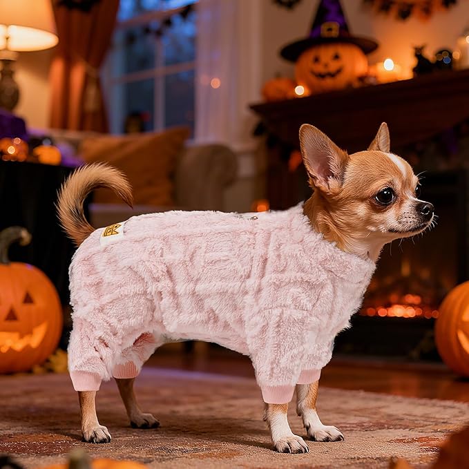 Plush Dog Pajamas for for Small Dogs Cats, Dog Sweater with Leash Ring Ultra Soft Warm Pet Clothes Puppy Onesie Outfits Doggy Pjs Jumpsuit for Winter Christmas (Pink, Large)
