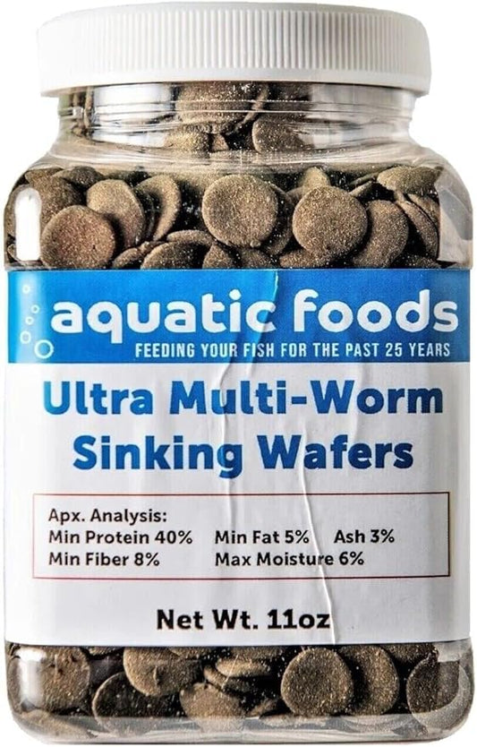 Aquatic Foods Inc. Ultra Multi-Worm 12mm - 1/2" Small Sinking Wafers for Bottom Fish, Shrimp, Snails, Crabs, Crayfish, All Tropical Fish...11oz Small Jar