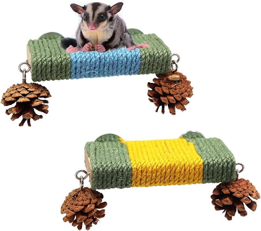 Sugar Glider Cage Accessories, 2 Pack Cage Platform with Rope and Pine Cone Decor, Standing & Climbing Toy, Relax Platform for Sugar Glider, Squirrel, Rat and Other Small Animals