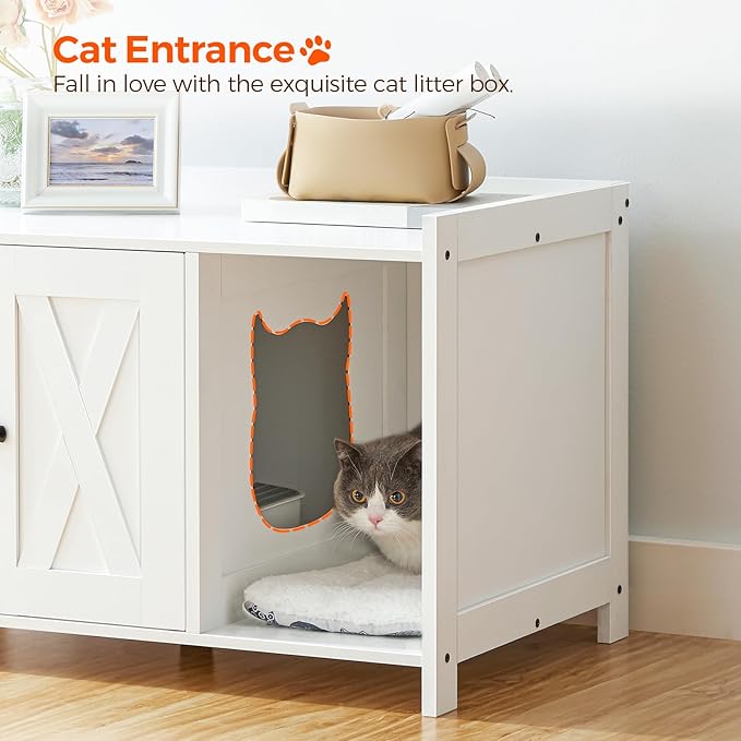 Cat Litter Box Enclosure, Hidden Litter Box Furniture with Divider, Indoor Cat House, Wooden Cat Washroom Storage Cabinet Bench, for Living Room, Bedroom, White CWWT2501