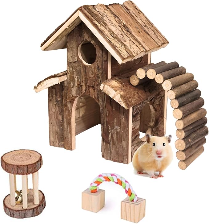 Small Animal Amusement Wooden Villa House Hideouts Playground with Ladder, Fit for Chinchilla, Guinea Pigs, Gerbil, Dwarf Mice, Hedgehog (4 Pcs)