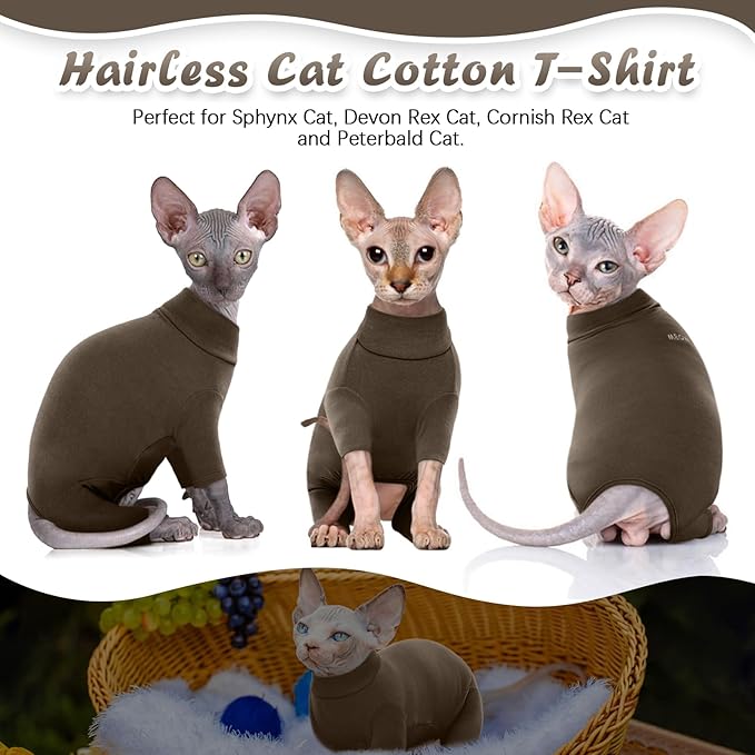 ROZKITCH Hairless Cat Clothes, Breathable Soft Cat Jumpers for Cats Only, Cat Coat with Four Legs, Warm Cat Sweater Cat T-Shirt Cat Pajamas Jumpsuit Vest Cornish Rex Devon Rex Peterbald Coffee 2XL